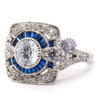 Round & Blue Sapphire Baguette Cut CZ Stone Milgrain Art Deco Vintage Ring