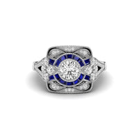 Round & Blue Sapphire Baguette Cut CZ Stone Milgrain Art Deco Vintage Ring