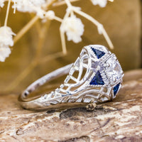 Round Or Triangle Blue Sapphire CZ Stone Antique Filigree Art Deco Vintage Engagement Ring