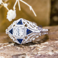 Round Or Triangle Blue Sapphire CZ Stone Antique Filigree Art Deco Vintage Engagement Ring