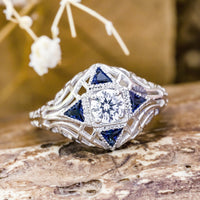 Round Or Triangle Blue Sapphire CZ Stone Antique Filigree Art Deco Vintage Engagement Ring