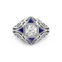 Round & Triangle Blue Sapphire CZ Stone Antique Filigree Art Deco Engagement Ring