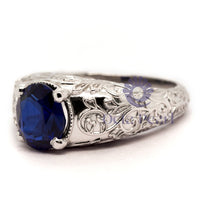 Art Deco Blue Sapphire CZ Wedding Ring with Engraved Shank & Filigree