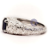 Art Deco Blue Sapphire CZ Wedding Ring with Engraved Shank & Filigree