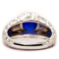 Art Deco Blue Sapphire CZ Wedding Ring with Engraved Shank & Filigree