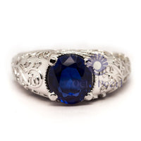 Art Deco Blue Sapphire CZ Wedding Ring with Engraved Shank & Filigree