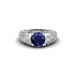 Art Deco Blue Sapphire CZ Wedding Ring with Engraved Shank & Filigree