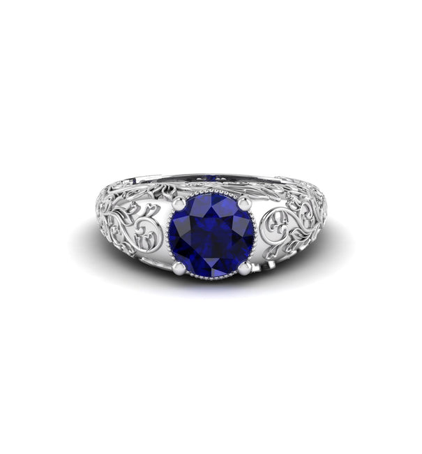 Art Deco Blue Sapphire CZ Wedding Ring with Engraved Shank & Filigree