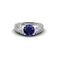 Art Deco Blue Sapphire CZ Wedding Ring with Engraved Shank & Filigree