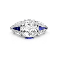 Round Cut & Baguette Blue Sapphire CZ Stone Antique Vintage Art Deco Engagement Ring
