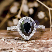 Black Pear Cut Cubic Zirconia Halo Engagement Wedding Ring For Women