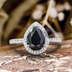 Black Pear Cut Cubic Zirconia Halo Engagement Wedding Ring For Women