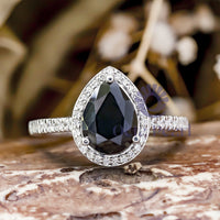 Black Pear Cut Cubic Zirconia Halo Engagement Wedding Ring For Women