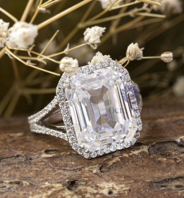 Emerald Cut CZ Stone Halo Split Shank Wedding Anniversary Gift Ring For Women alternate