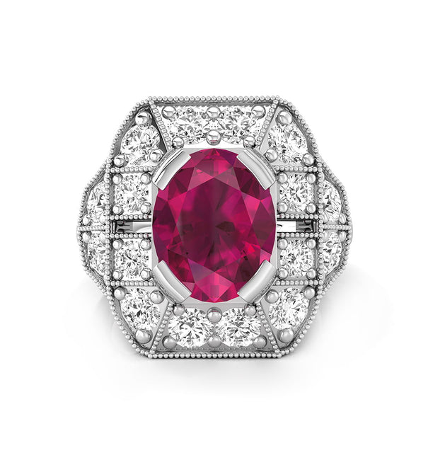 Pink Oval Cut CZ Stone Milgrain Bezel Set Halo Art Deco Vintage Wedding Ring