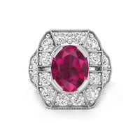 Pink Oval Cut CZ Stone Milgrain Bezel Set Halo Art Deco Vintage Wedding Ring