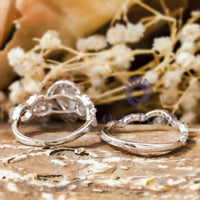 Pear Cut Cubic Zirconia Three Stone Halo Ring With Curved Band Bridal Ring Set