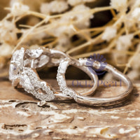 Pear Cut Cubic Zirconia Three Stone Halo Ring With Curved Band Bridal Ring Set