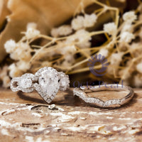 Pear Cut Cubic Zirconia Three Stone Halo Ring With Curved Band Bridal Ring Set