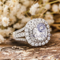 Round Cut Moissanite Double Halo Three Shank Wedding Ring