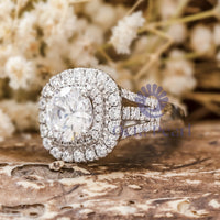 Round Cut Moissanite Double Halo Three Shank Wedding Ring