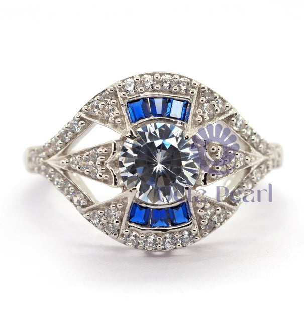 Vintage Style Blue Sapphire ring CZ Stone