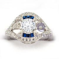 Vintage Style Blue Sapphire ring CZ Stone