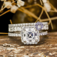 Asscher Cut Moissanite Halo Three Piece Eternity Bridal Ring Set