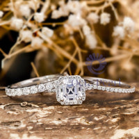 Asscher Cut Moissanite Halo Three Piece Eternity Bridal Ring Set