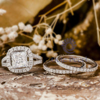 Princess Cut Moissanite Halo Split Shank Three Piece Wedding Bridal Ring Set