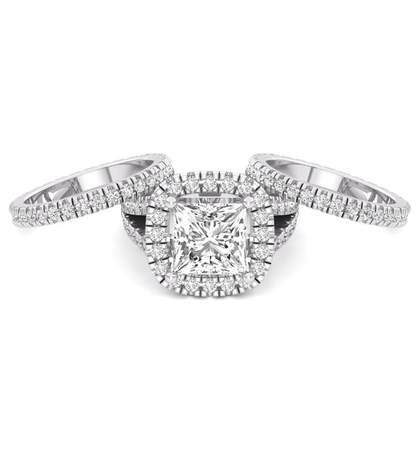 Princess Cut Moissanite Halo Split Shank Three Piece Wedding Bridal Ring Set