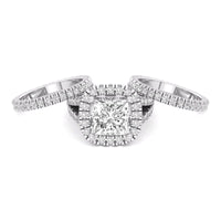 Princess Cut Moissanite Halo Split Shank Three Piece Wedding Bridal Ring Set