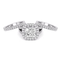 Princess Cut Moissanite Halo Split Shank Three Piece Wedding Bridal Ring Set