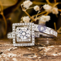 Round And Princess Cut CZ Stone Double Square Halo Channel Setting Wedding Ring Set