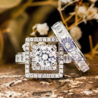 Round And Princess Cut CZ Stone Double Square Halo Channel Setting Wedding Ring Set