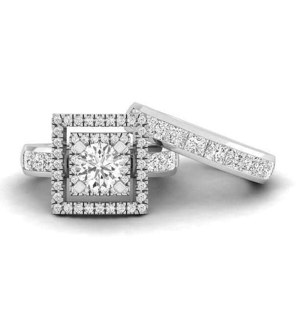 Round And Princess Cut CZ Stone Double Square Halo Channel Setting Wedding Ring Set