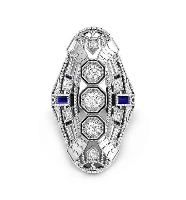 Baguette Blue Sapphire CZ Stone Milgrain Art Deco Navette Anniversary Ring