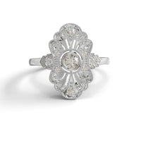 Diamond ring with floral design on a white background, Navette Round Moissanite wedding Ring