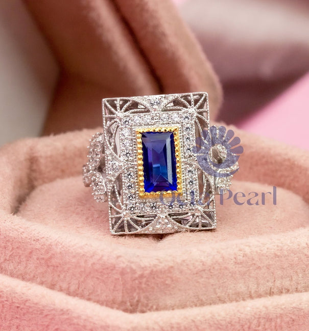 Blue Sapphire Baguette Cut CZ Stone Milgrain Openwork Art Deco Dinner Ring