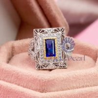 Blue Sapphire Baguette Cut CZ Stone Milgrain Openwork Art Deco Dinner Ring