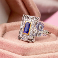 Blue Sapphire Baguette Cut CZ Stone Milgrain Openwork Art Deco Dinner Ring