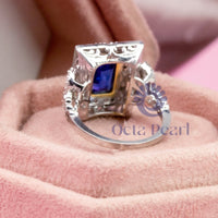 Blue Sapphire Baguette Cut CZ Stone Milgrain Openwork Art Deco Dinner Ring