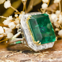 20 MM Green Asscher Cut CZ Stone Bezel Set Halo- Split Shank Cocktail Wadding Ring