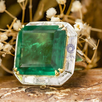 Green Asscher Cut CZ Stone Bezel Set Halo- Split Shank Cocktail Wadding Ring