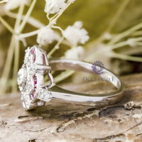 Round & Baguette Pink CZ Stone Bezel Set Floral Motif Vintage Engagement Ring