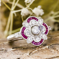 Round & Baguette Pink CZ Stone Bezel Set Floral Motif Vintage Engagement Ring