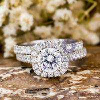 Round Cut Moissanite Halo Engagement Ring With Half Eternity Wedding Band