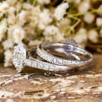 Bridal Ring Set Round Cut Moissanite Halo Engagement Ring With Half Eternity Wedding Band