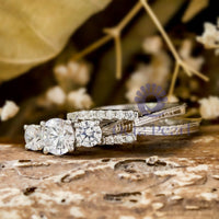 Women's Round Cut Moissanite Three Stone Three Piece Bridal Ring Set