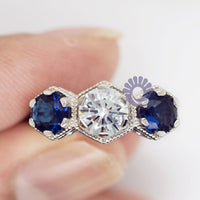 Handmade Three Stone Milgrain Bezel Set ring